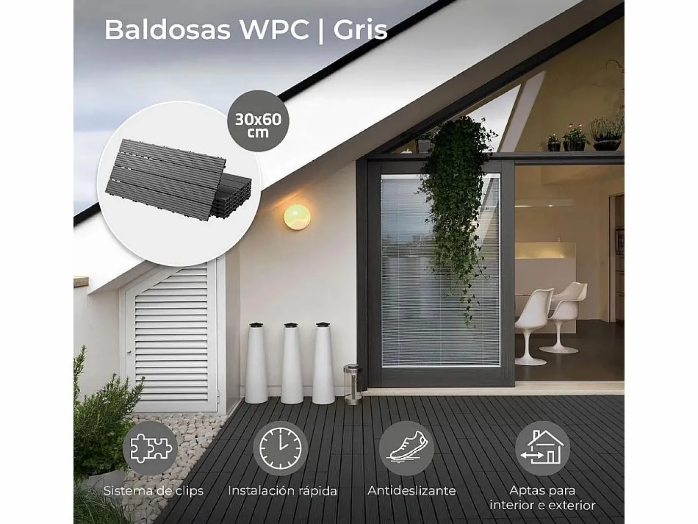 Baldosas de exterior – madera composite WPC, antideslizantes, set de 6 (1.08 m²) – Yoevu Gris Clearance