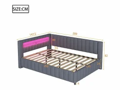 DripeX Banco cama acolchado de terciopelo 140x200 cm, Sofá cama con LED, USB, respaldo y cabecero, Gris Outlet