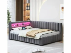 DripeX Banco cama acolchado de terciopelo 140x200 cm, Sofá cama con LED, USB, respaldo y cabecero, Gris Outlet