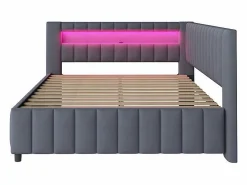 DripeX Banco cama acolchado de terciopelo 140x200 cm, Sofá cama con LED, USB, respaldo y cabecero, Gris Outlet