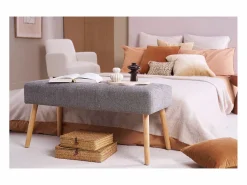 Banco capitoné de tela efecto aterciopelado texturizado y madera clara 95 cm GUESTA^Miliboo