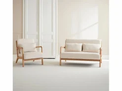 Sweeek Banco de 2 plazas + sillón de madera con borreguito Crema