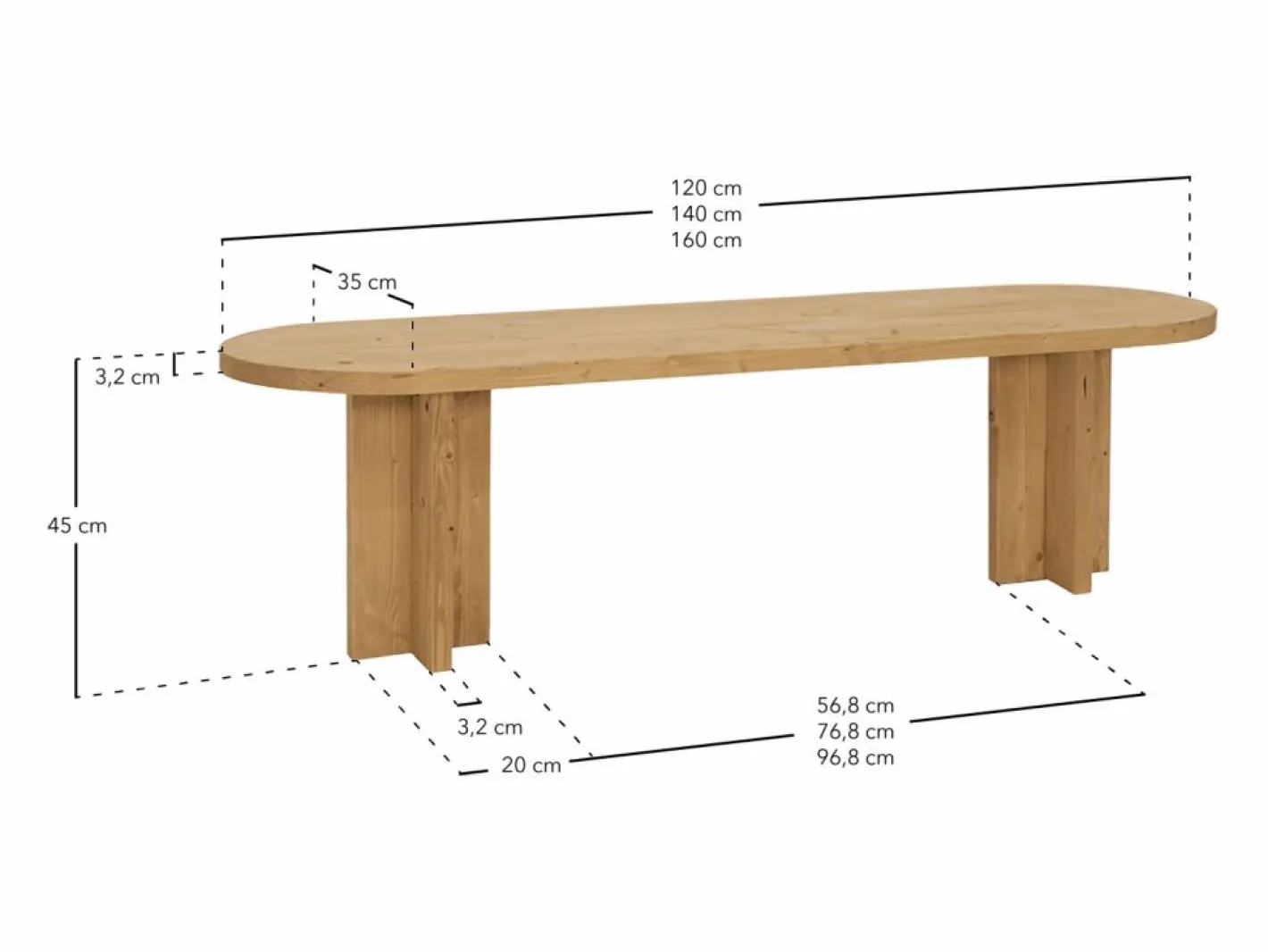 Banco de madera de abeto ovalado para interiores en color roble medio de 120x45cm - TOKYO -^DECOWOOD Discount