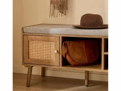 Calicosy Zapatero|Mueble De Almacenaje|Banco de zapatos de 1 puerta con fachada de ratán y 3 nichos abiertos L100 cm - PALMO