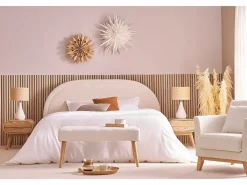Miliboo Banco nórdico capitoné de borreguillo y madera clara 96 cm GUESTA Blanco Outlet