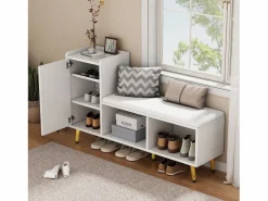 Merax Zapatero|Mueble De Almacenaje|Banco zapatero con 1 puerta, 2 nichos y cojín - patas y tiradores de metal dorado - - 120 x 35 x 68,5 cm