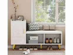 Merax Zapatero|Mueble De Almacenaje|Banco zapatero con 1 puerta, 2 nichos y cojín - patas y tiradores de metal dorado - - 120 x 35 x 68,5 cm