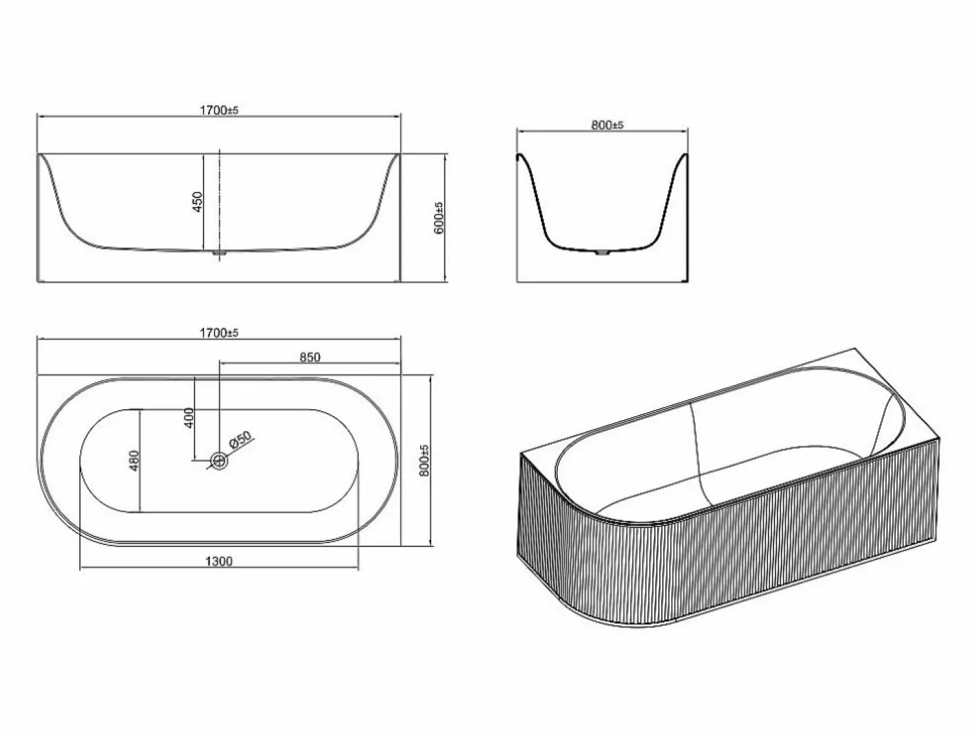 Baño de esquina estriado - 240L - mate - Acrílico - Ángulo recto - 170cm - BARBORI^Shower & Design Hot