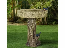 Baño para pájaros de hormigón con efecto madera y pájaro decorativo, resistente a la intemperie (46x46x62 cm)^ Sale