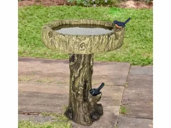 Baño para pájaros de hormigón con efecto madera y pájaro decorativo, resistente a la intemperie (46x46x62 cm)^ Sale