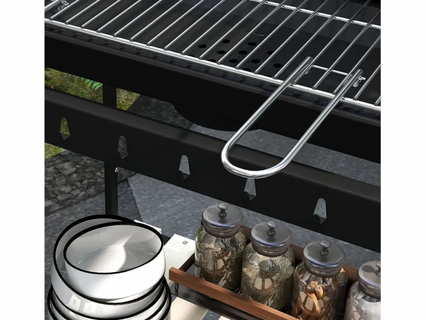 Barbacoa de carbón con ahumador, parrilla regulable, estante de madera, carro móvil de acero (103x47x95cm) Negro Hot