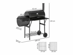 Barbacoa de carbón con ahumador, de acero, 109x60x120 cm, con tapa, termómetro, ruedas y ventilación^ Online