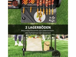Barbacoa de carbón con ahumador, de acero, 109x60x120 cm, con tapa, termómetro, ruedas y ventilación^ Online