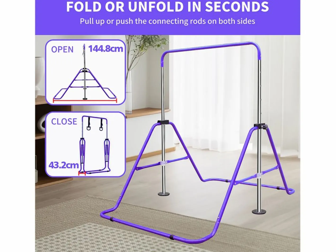 Aparato De Musculación|Barra de gimnasia extensible para niños, regulable en altura, de acero, color morado (145x100x130 cm)