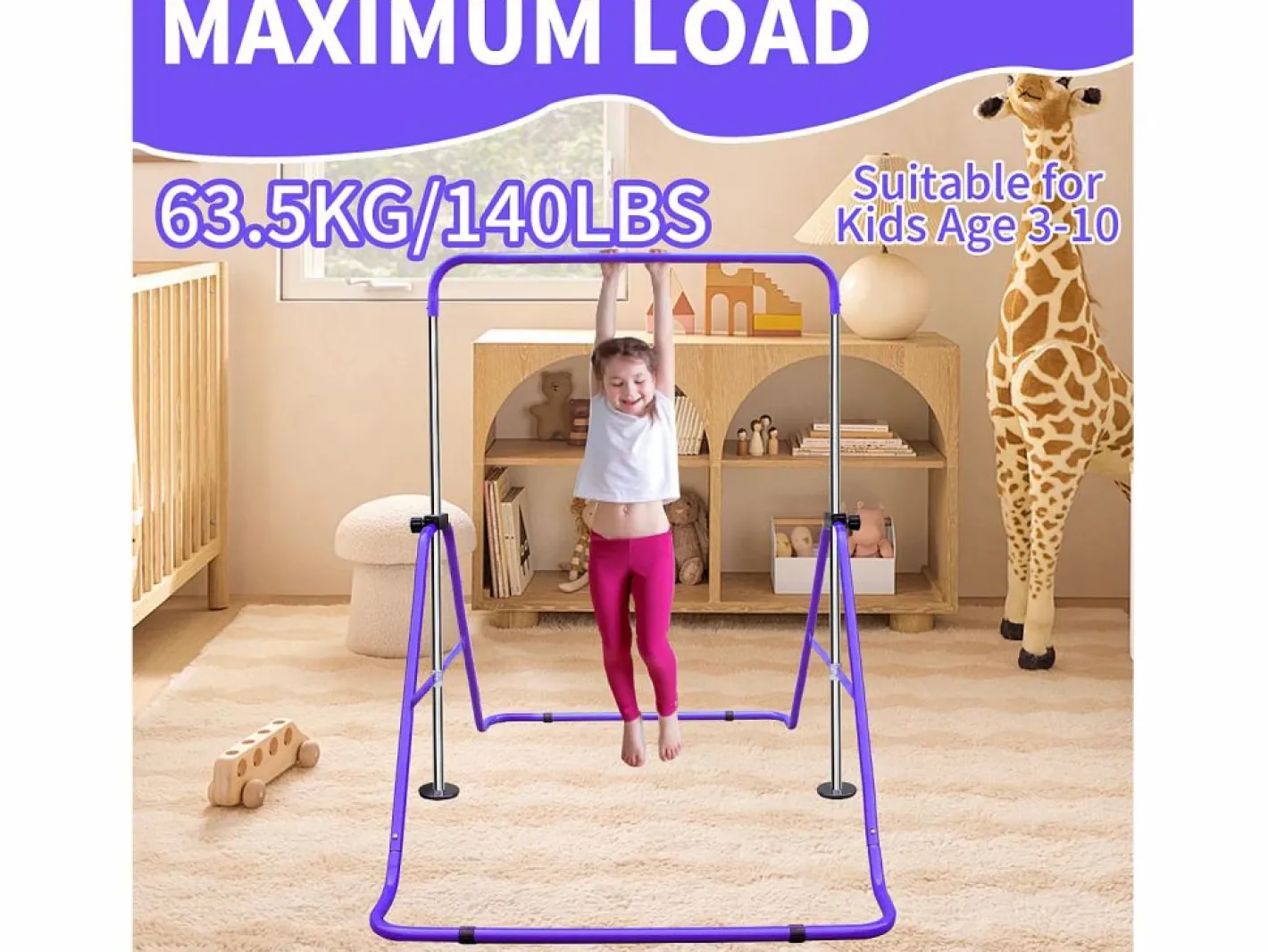 Aparato De Musculación|Barra de gimnasia extensible para niños, regulable en altura, de acero, color morado (145x100x130 cm)