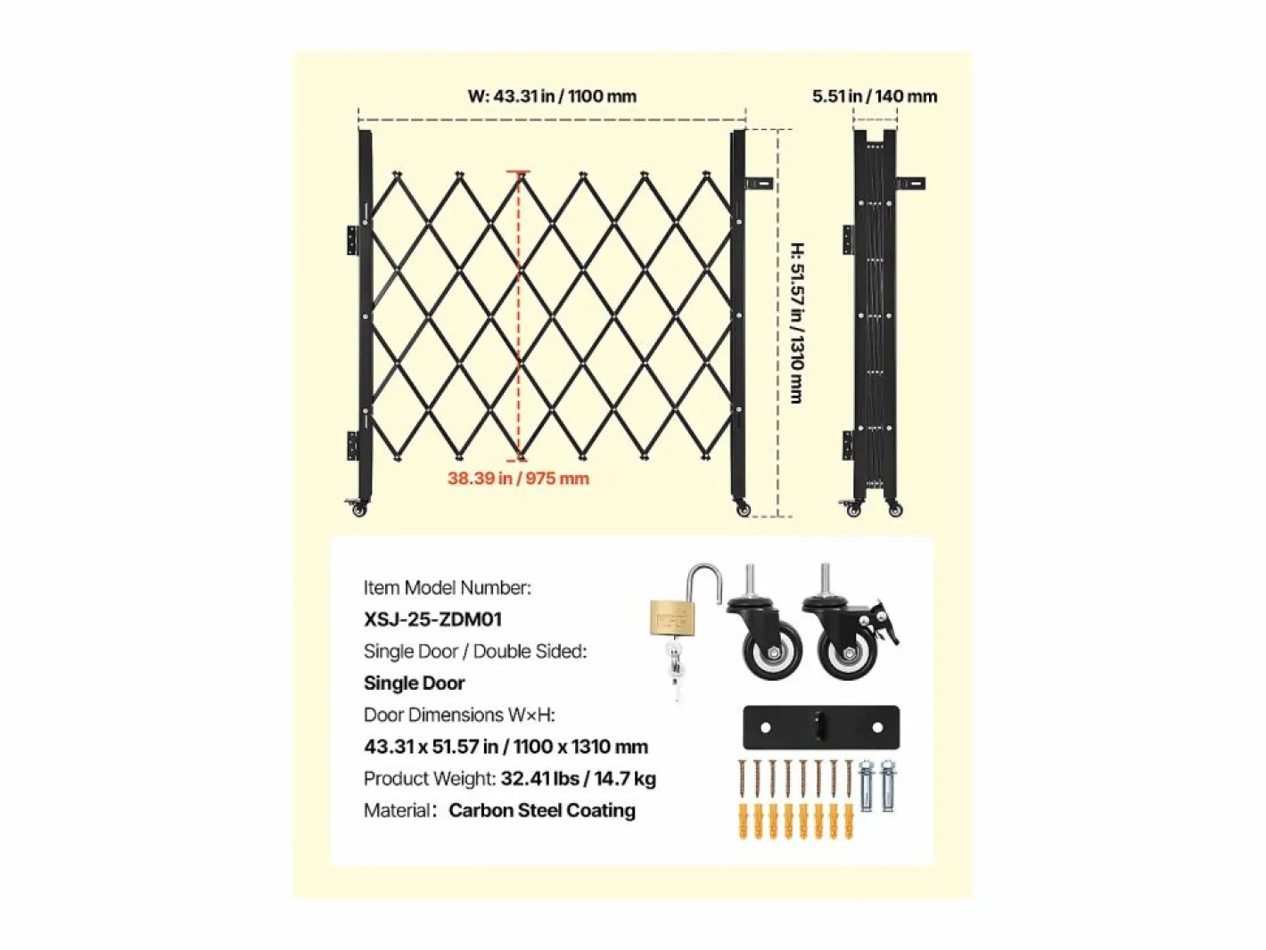 Barrera de Seguridad SucceBuy Extensible de 110 x 131 cm, Puerta de Tijera Simple, Bloqueable y Retráctil, de Acero Sólido, para Entrada, Garaje Negro Clearance