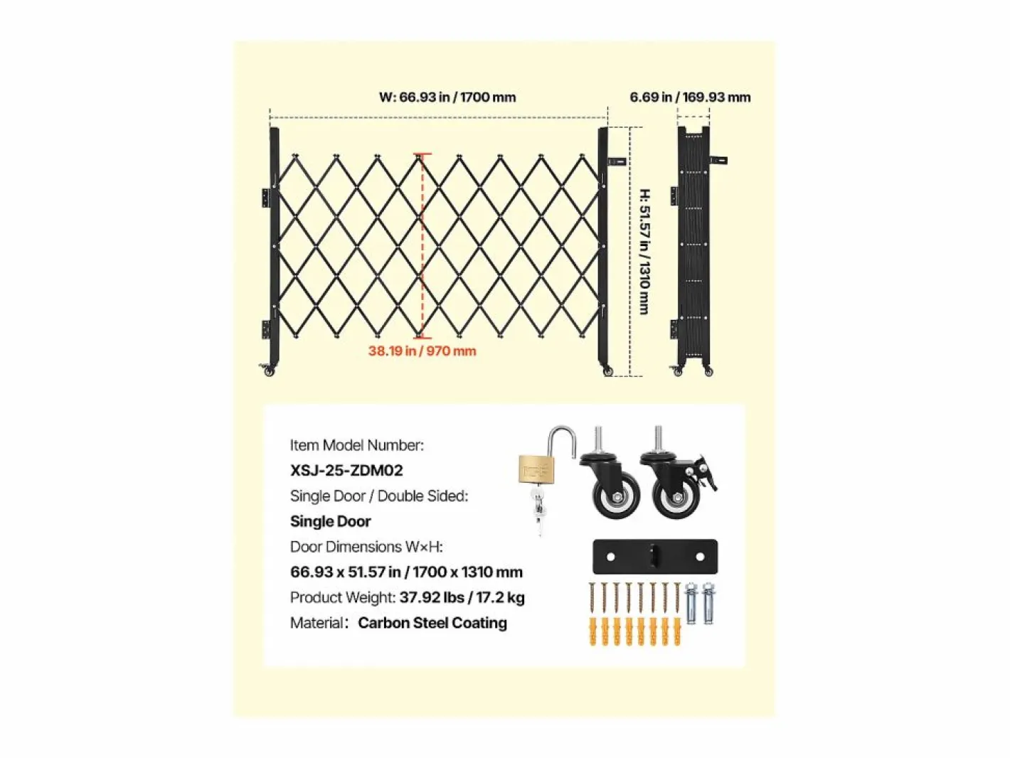 Barrera de Seguridad SucceBuy Extensible de 170 x 131 cm, Puerta de Tijera Simple, Bloqueable y Retráctil, de Acero Sólido, para Entrada, Garaje Negro New
