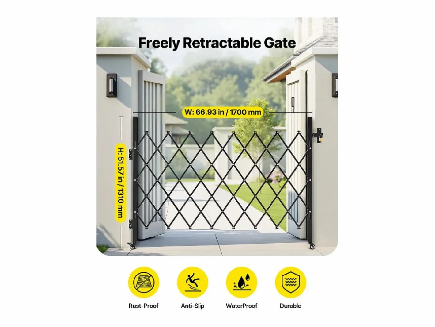 Barrera de Seguridad SucceBuy Extensible de 170 x 131 cm, Puerta de Tijera Simple, Bloqueable y Retráctil, de Acero Sólido, para Entrada, Garaje Negro New