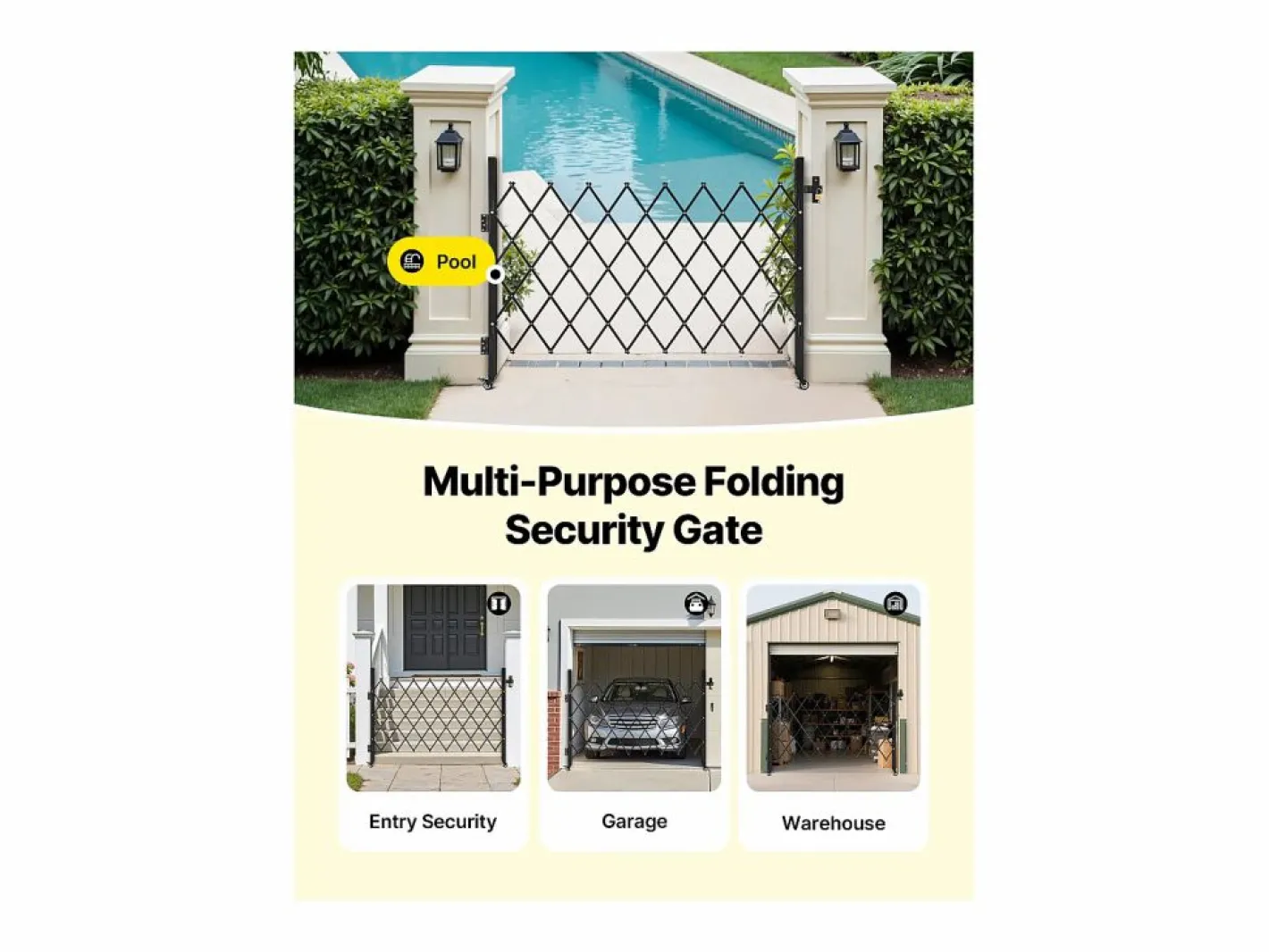 Barrera de Seguridad SucceBuy Extensible de 170 x 131 cm, Puerta de Tijera Simple, Bloqueable y Retráctil, de Acero Sólido, para Entrada, Garaje Negro New