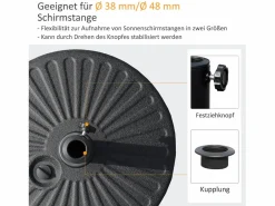 Sombrilla|Base para sombrilla de 22 kg, para postes de Ø38/48 mm, de hormigón negro, estable y resistente a la intemperie (51x51x12 cm)