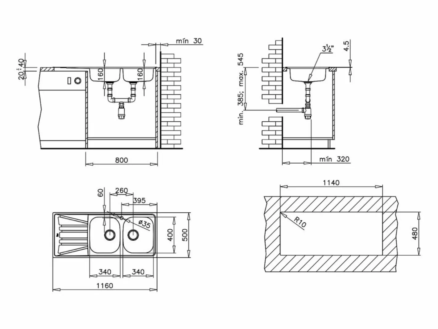 Essebagno Fregadero|Basico Fregadero de 2 cubetas y 1 escurridor de acero inoxidable con tela microestructurada Teka