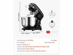 Pequeño Electrodoméstico|Batidora de Pie SucceBuy, Batidora Eléctrica de 5.68L y 1400 W con Cuenco de Acero Inoxidable, Gancho, Batidor, Mezclador, Raspador, Negro