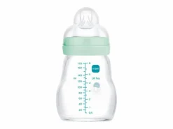 Biberón de vidrio MAM 170 ml con tetina de silicona SkinSoft flujo 1, cuello ancho, anti-fugas, 0-6 meses^