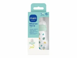 Biberón de vidrio MAM 170 ml con tetina de silicona SkinSoft flujo 1, cuello ancho, anti-fugas, 0-6 meses^
