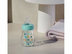 Biberón de vidrio MAM 170 ml con tetina de silicona SkinSoft flujo 1, cuello ancho, anti-fugas, 0-6 meses^
