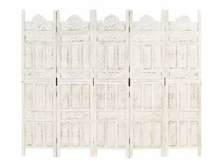 vidaxl Biombo 5 paneles tallado a mano madera mango 200x165 cm Blanco Hot