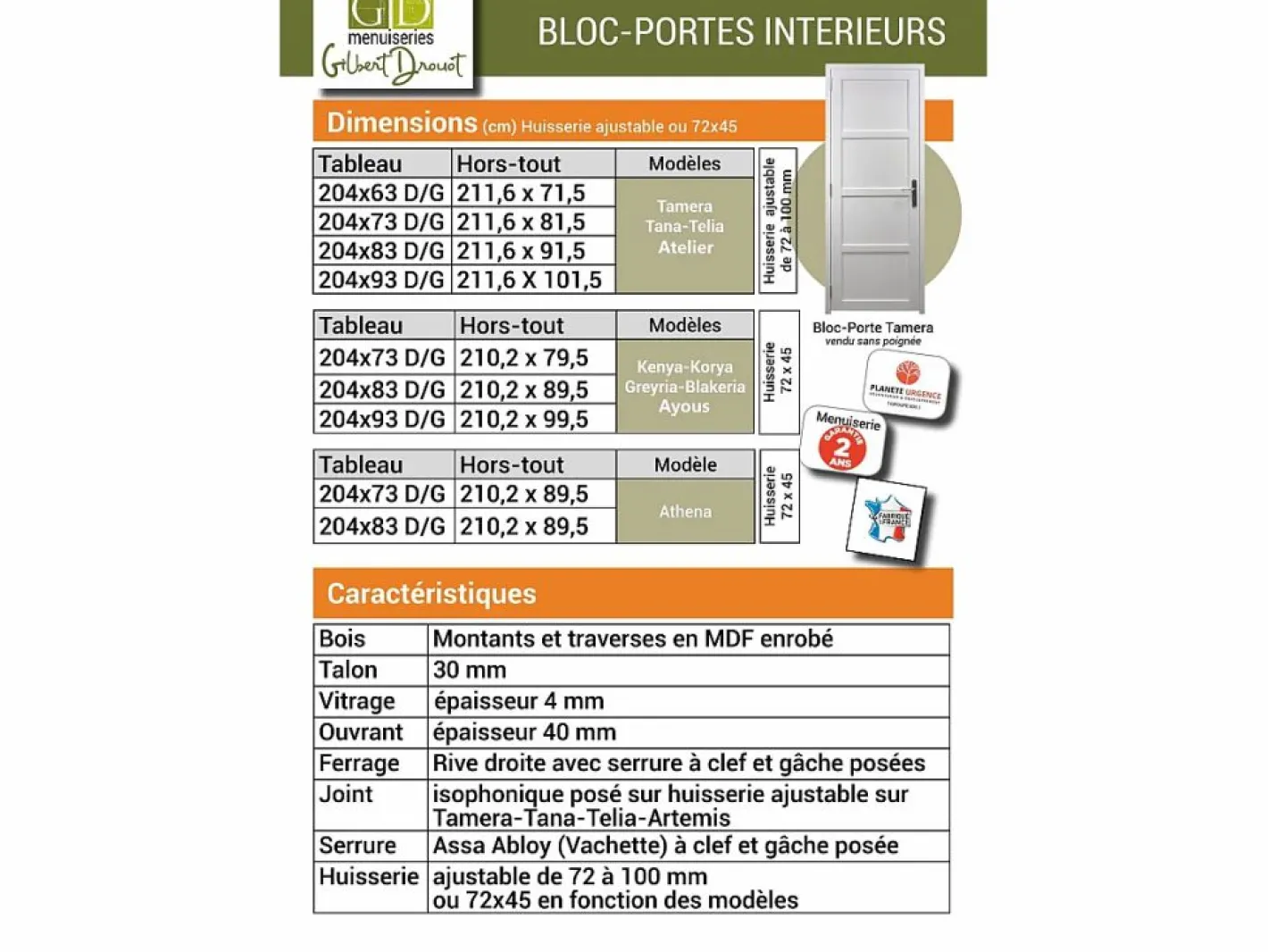 Bloque de Puerta de Vidrio Tana Blanco H204 x L83 Mesa con Varillas de Empuje Izquierda^GD Menuiseries
