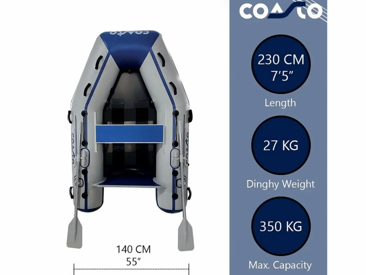 COASTO Bote inflable Slat 230 3 plazas - 230x130cm Carbon Latte Floor - 2 remos 1 bomba 1 bolsa de transporte - Azul Hot