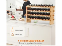 Botellero|Botellero Apilable SucceBuy de 4 Niveles para 36 Botellas, de Madera de Bambú Natural