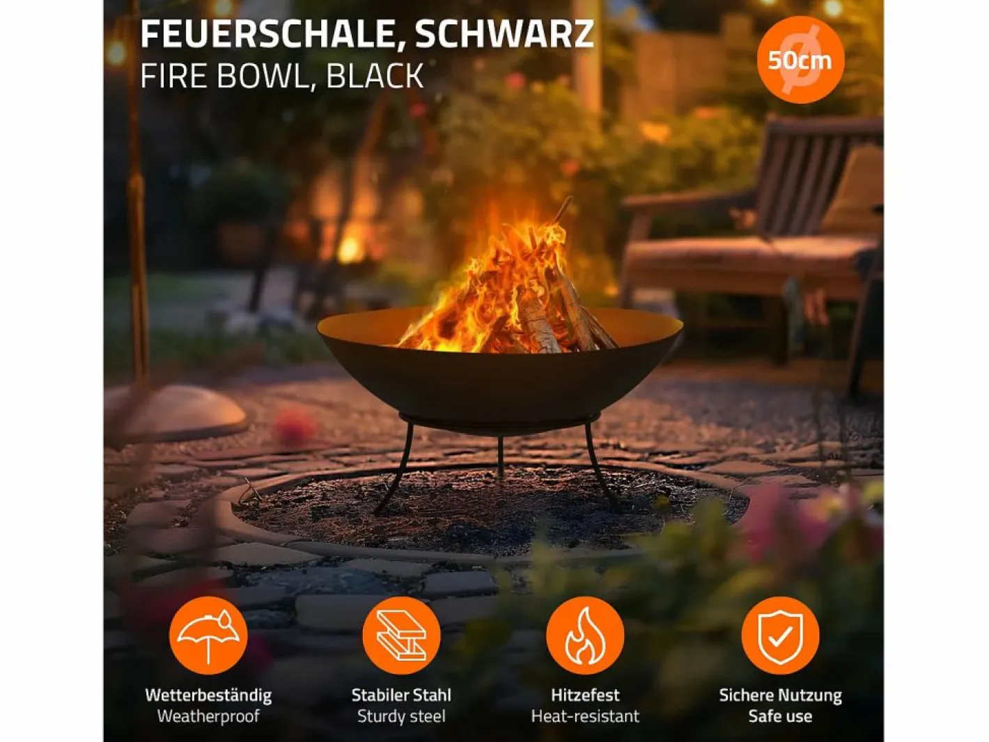 ECD Germany Brasero de acero basero con 3 patas para barbacoa Ø 50 x 24 cm Negro