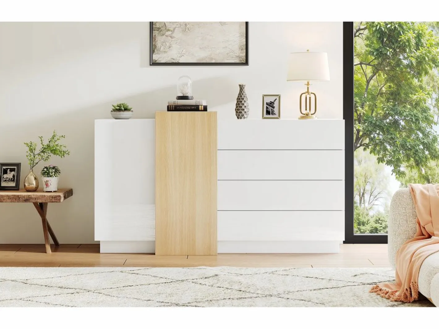 ModernLuxe Buffé brillante 140x35x81 cm - con 2 puertas - con 4 cajones - MDF - blanco Color natural claro / Blanco Clearance