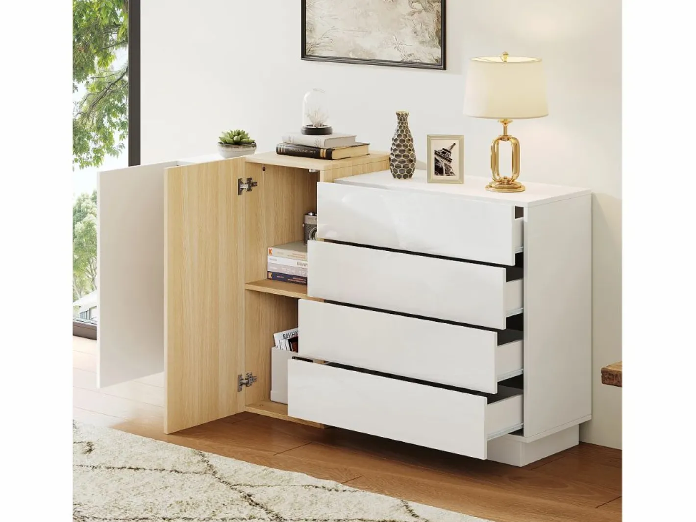 ModernLuxe Buffé brillante 140x35x81 cm - con 2 puertas - con 4 cajones - MDF - blanco Color natural claro / Blanco Clearance