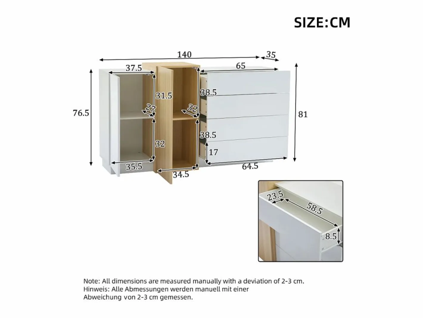 ModernLuxe Buffé brillante 140x35x81 cm - con 2 puertas - con 4 cajones - MDF - blanco Color natural claro / Blanco Clearance