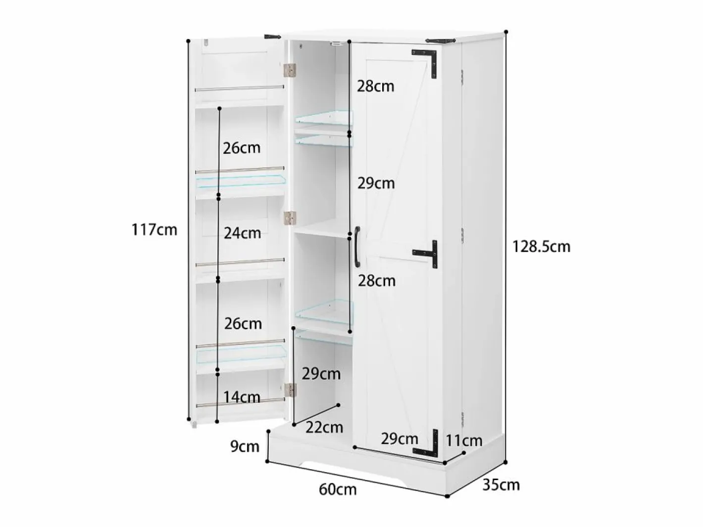 ModernLuxe Buffet de cocina 60×35×128.5 cm - con LED - 2 puertas con estantes - Blanco New