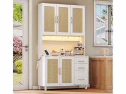 ModernLuxe Aparador De Cocina|Buffet de cocina 100×40×183 cm - con USB y enchufe - con LED - 5 puertas y 3 cajones - blanco+natural