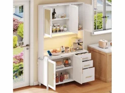 ModernLuxe Aparador De Cocina|Buffet de cocina 100×40×183 cm - con USB y enchufe - con LED - 5 puertas y 3 cajones - blanco+natural