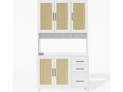 ModernLuxe Aparador De Cocina|Buffet de cocina 100×40×183 cm - con USB y enchufe - con LED - 5 puertas y 3 cajones - blanco+natural