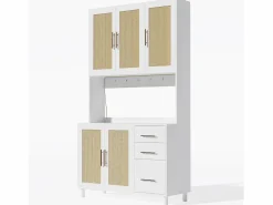 ModernLuxe Aparador De Cocina|Buffet de cocina 100×40×183 cm - con USB y enchufe - con LED - 5 puertas y 3 cajones - blanco+natural