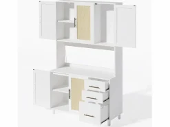 ModernLuxe Aparador De Cocina|Buffet de cocina 100×40×183 cm - con USB y enchufe - con LED - 5 puertas y 3 cajones - blanco+natural