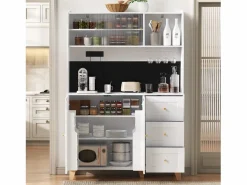 ModernLuxe Aparador De Cocina|Buffet de cocina moderno 120x40x184cm - con toma de corriente y portacopas de vino - con 3 cajones y 5 puertas -