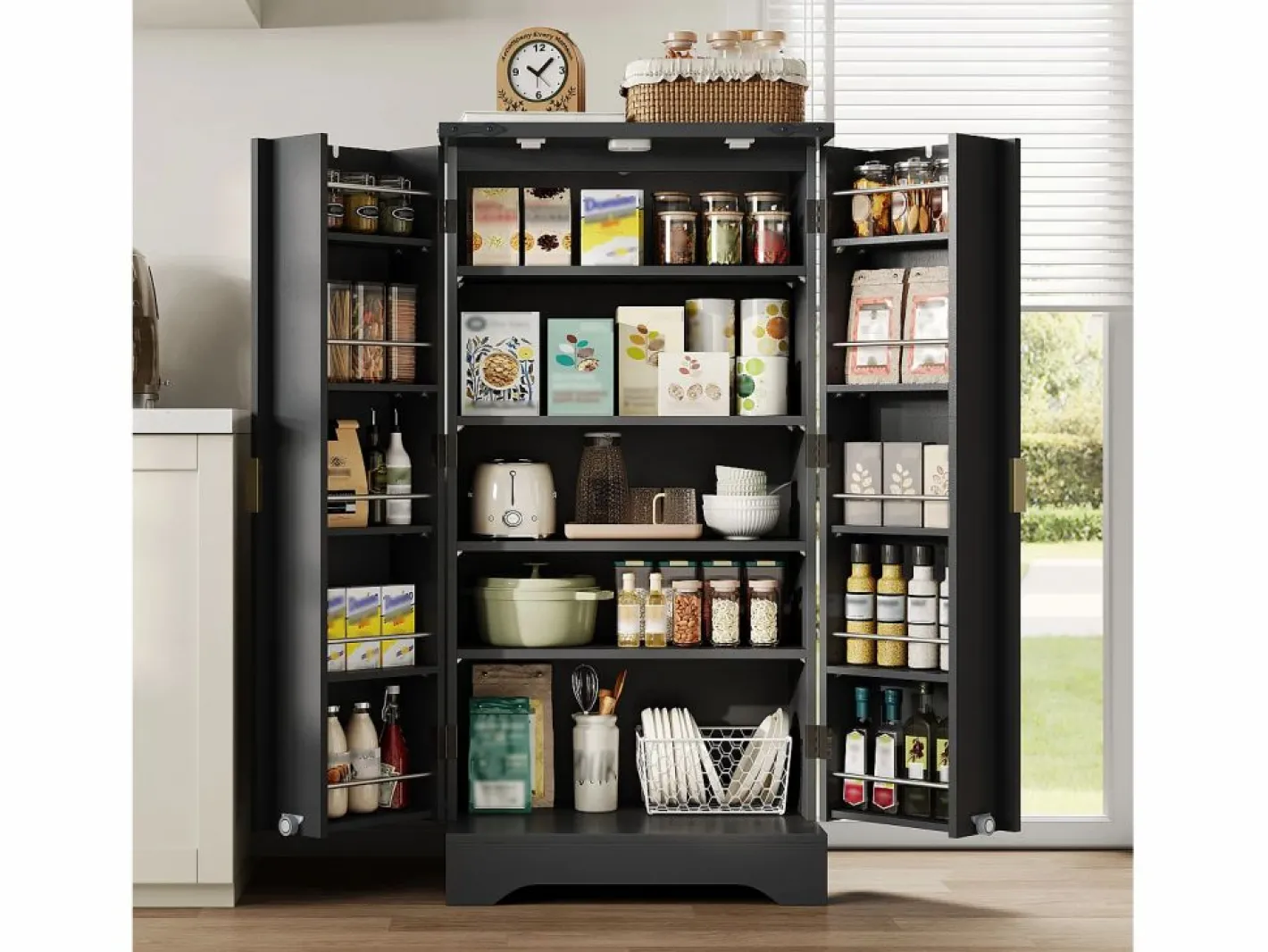 ModernLuxe Buffet de cocina moderno 60,5x40x120cm - con luz detector LED - con 2 puertas y un portaespecias - Negro Best