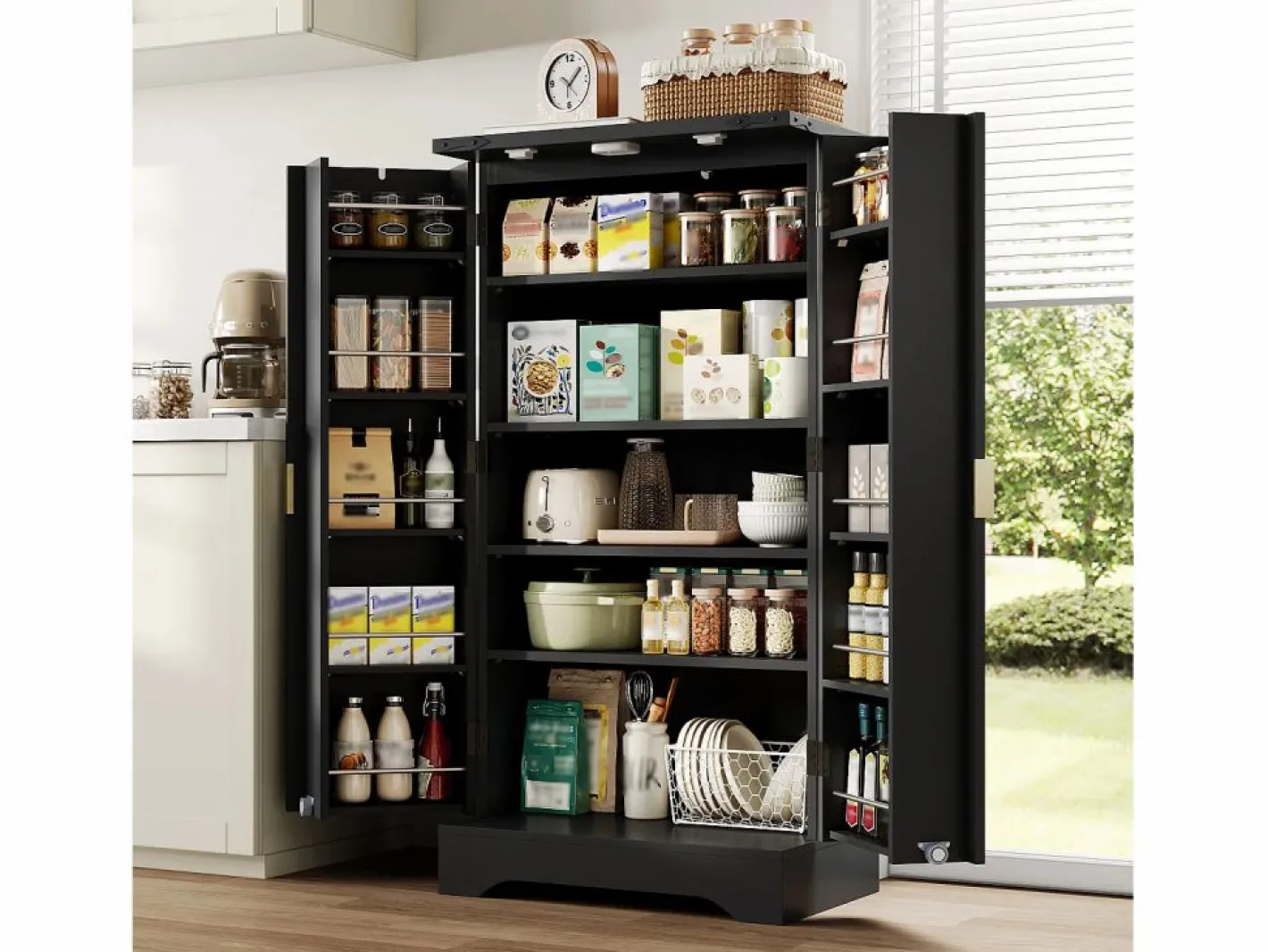 ModernLuxe Buffet de cocina moderno 60,5x40x120cm - con luz detector LED - con 2 puertas y un portaespecias - Negro Best