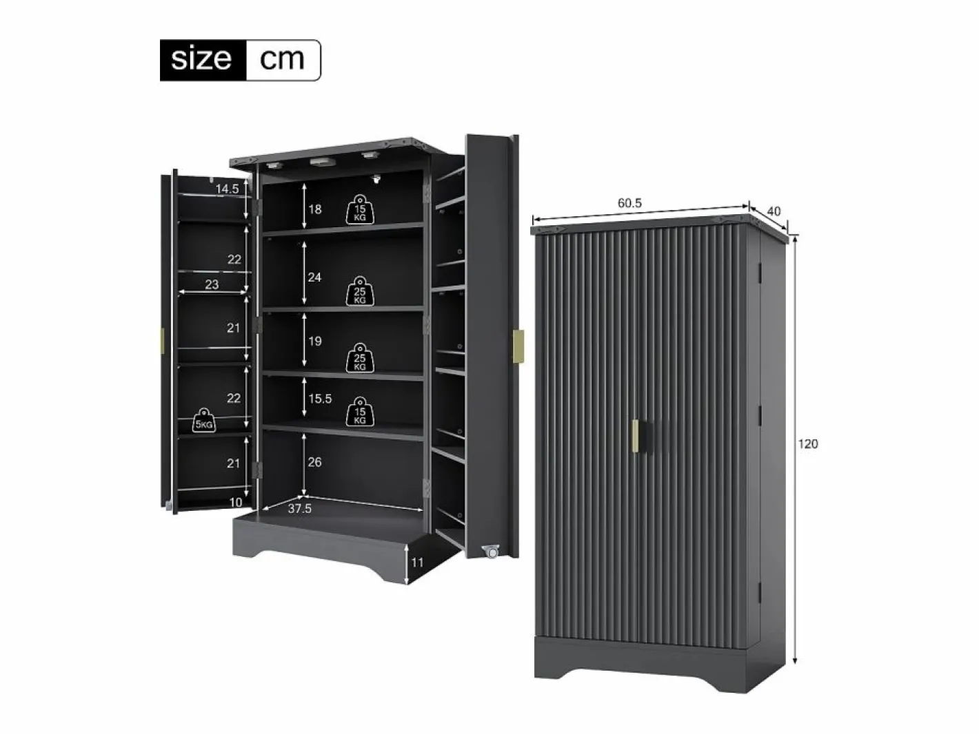 ModernLuxe Buffet de cocina moderno 60,5x40x120cm - con luz detector LED - con 2 puertas y un portaespecias - Negro Best