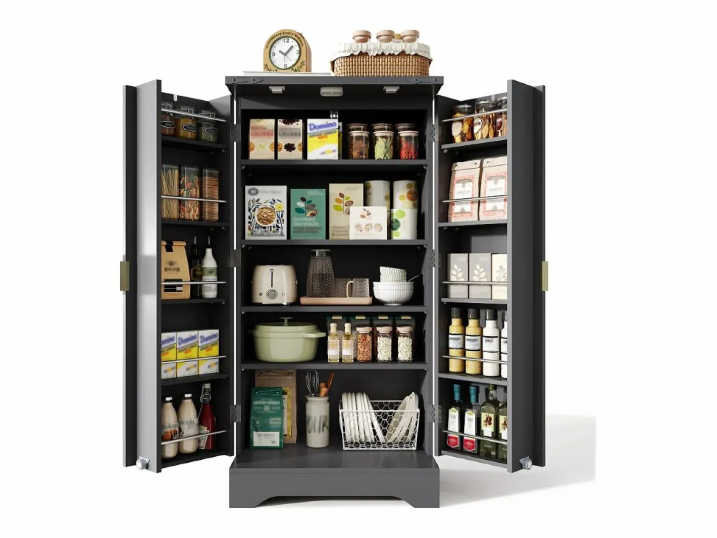 ModernLuxe Buffet de cocina moderno 60,5x40x120cm - con luz detector LED - con 2 puertas y un portaespecias - Negro Best