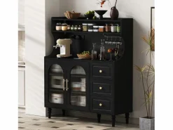 ModernLuxe Buffet de cocina moderno 120x40x138.5cm - con toma de corriente y portacopas de vino - con 3 cajones y 2 puertas - Negro Blanco
