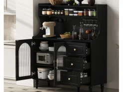ModernLuxe Buffet de cocina moderno 120x40x138.5cm - con toma de corriente y portacopas de vino - con 3 cajones y 2 puertas - Negro Blanco